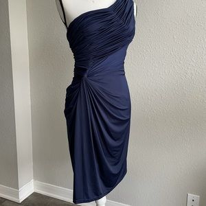 Dark blue, medium, one shoulder midi, cocktail, evening dress